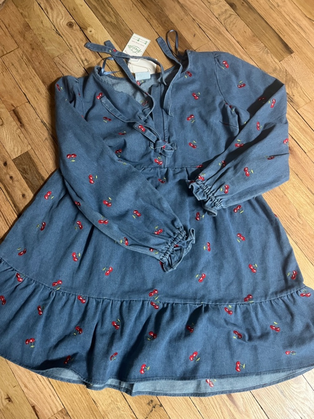 Kids Blue Cherry-Embroidered Long Sleeve Dress